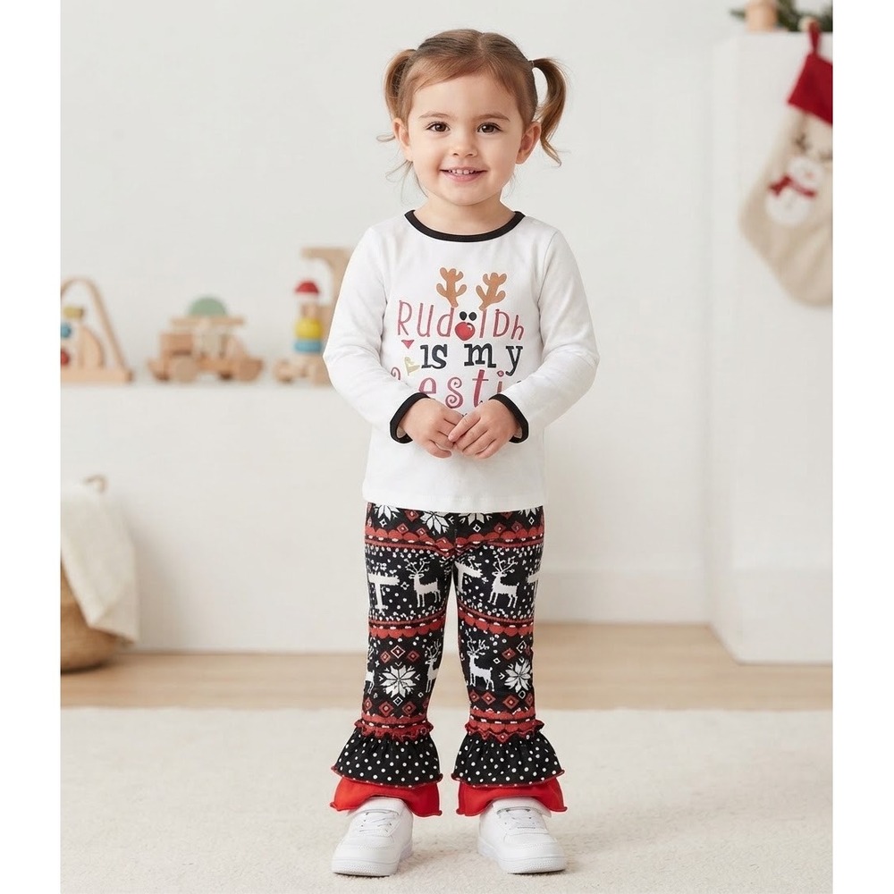 Toddler Girls Rudolph Reindeer Holiday Ruffle Bell Bottom Outfit Set Size 2T